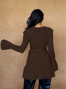 Rafferiza Women's Basic Minimalist Elegant French Fashion Romantic Tie Front Cardigan Brown Cardigan  Brown Sweater - Coffee Brown - View 2