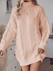 SHEIN LUNE Women's Solid Color High Waist Drop Shoulder Long Sleeve Loose Cable Knit Sweater Dress - Coral Pink - View 4