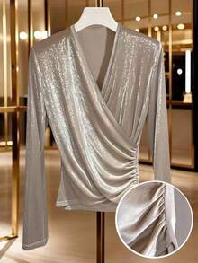 GlowEve Blusa elegante de terciopelo color albaricoque para mujer, otoño/invierno