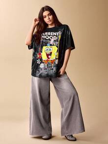 SpongeBob SquarePants | SHEIN 大码扎染字母卡通图案短袖T恤，夏季休闲款 - 黑色 - 查看 5