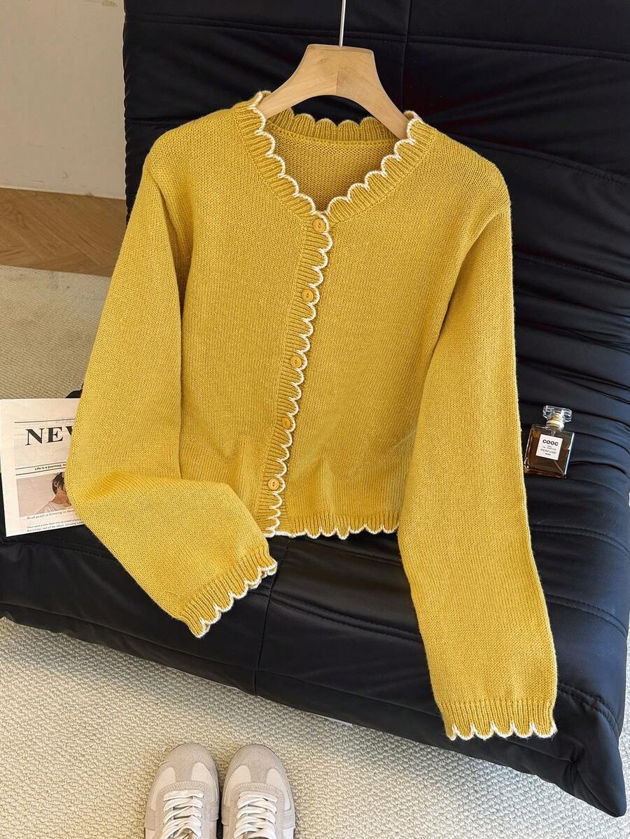 SHEIN Franclia Cárdigan con volantes de color contrastante estilo romántico francés, estilo de transporte - Amarillo - Ver 1