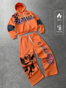 ROMWE MEN Street Life Men's Letter Print Zip-Up Hoodie And Drawstring Waist Sweatpants Set, Autumn/Winter - Orange - View 5