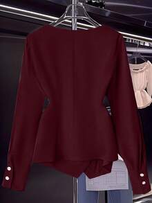 Franclia Áo cánh nữ tay dài màu trơn cổ chữ V, xếp ly eo đơn thời trang - Màu Đỏ Sâu - Xem 2