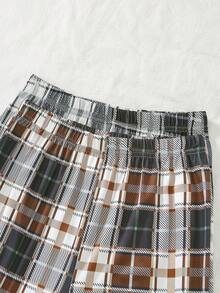 SHEIN 2 Sets Boy Pajamas, Featuring Light Gray & Navy Blue Long Sleeve Tops With Gray & White Plaid, And Navy Blue Loose Fit Pants, Stretchy Knit Fabric, Machine Washable, Comfortable Fit, Family Matching Outfits (2 Sets Sold Separately) - Multicolor - View 6