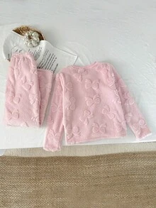 2件套保暖加厚提花法兰绒少女加厚粉色冬季长袖上衣和裤子睡衣套装 - 粉色 - 查看 2