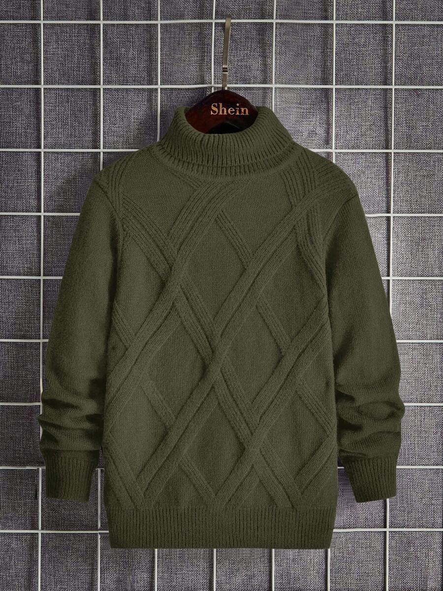 SHEIN 男童纯色高领长袖毛衣,秋冬季休闲款 - 軍綠色 - 查看 1
