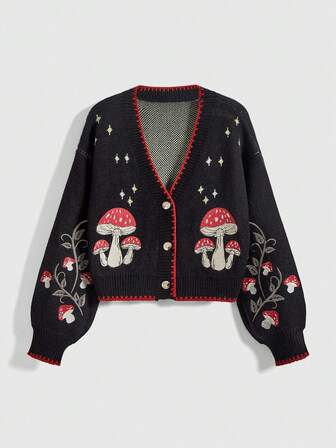 Goth Cardigan décontracté pour femmes avec broderie de plante de champignon, automne/hiver