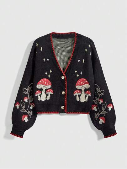 Goth Women's Casual Mushroom Plant Embroidery Cardigan, Autumn/Winter