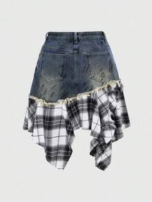 ROMWE Grunge Punk Romantic Punk, Collegiate Denim Patchwork Plaid Asymmetrical Hem Women Kpop Denim Mini Skirt - Medium Wash - View 2