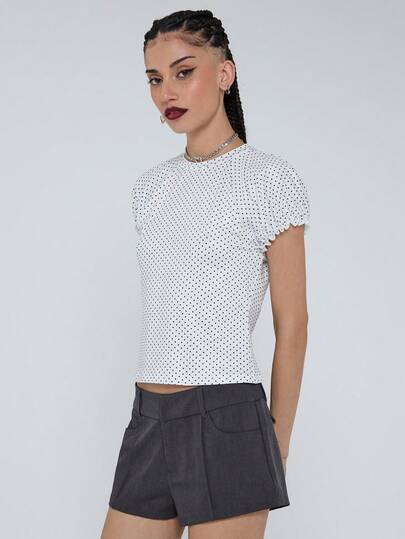 COUREZ 波点泡泡袖针织上衣 / Y2K 冬季女装派对服装印花T恤女式白色上衣街头风性感