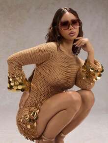 SHEIN Glamour 女士亮片针织连衣裙，长袖，镂空 - 卡其色 - 查看 3