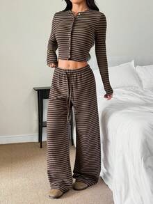 SHEIN PETITE 2025新款春夏女装时尚性感棕色条纹长袖上衣和裤子休闲两件套/春夏女装/夏季女装/万圣节服装/圣诞节女装/派对/招待会/新年服装/返校服装/家居/Y2K/秋季条纹两件套 - 棕色 - 查看 8