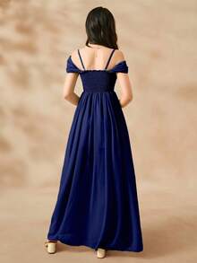 少女绿色雪纺独特吊带连衣裙，优雅开衩度假裙，适合夏季海滩穿着 - 藏蓝色 - 查看 2