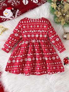 SHEIN Perso Play 女宝宝圣诞雪花印花可爱休闲舒适长袖节日套装 - 紅色 - 查看 2