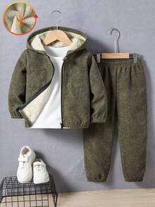 2 Stück/Set Jungen Lässig Outfit, beinhaltet thermisch gefütterte Kapuzenjacke und Hose, geeignet für Herbst und Winter, Alltag, Outdoor und Sport, thermisch gefüttert
