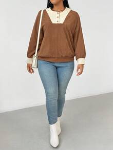 EMERY ROSE Sudadera holgada casual de manga raglán con botones y media cartera de color contrastante para mujer talla grande, otoño - Multicolor - Ver 4