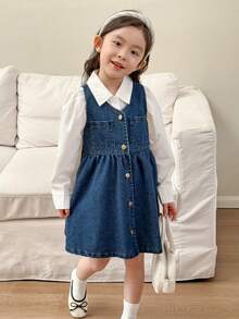 Genkimix Kids 年轻女孩蓝色牛仔时尚褶皱荷叶边前扣休闲牛仔套装 - 彩色 - 查看 3