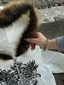 INAWLY Fluffy Hooded Zip-Up Sweatshirt Jacket, Gray Sweatshirt - White - View 3