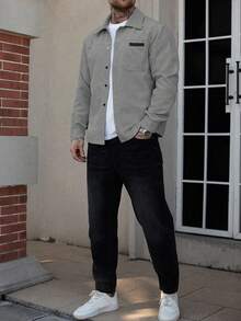 Manfinity Homme Men's Shirt Jacket, Men's Front Button Long-Sleeved Pocket Simple Shirt Jacket, Casual Daily Wear, Men's Jacket, Men's Shirt Jacket, Autumn And Winter Men's Jacket, Boyfriend Gift, Go Out Warm Long-Sleeved Casual Corduroy Flannel Jacket - Grey - View 5