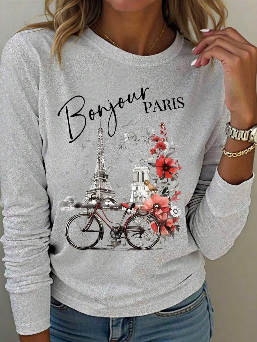 EMERY ROSE Áo thun cổ tròn tay dài in họa tiết lãng mạn kiểu Paris dành cho nữ ngoại cỡ - Màu Xám nhạt - Xem 1