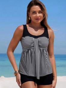Swim Lushoire 2pcs Striped Patchwork Front Ruched Design Women Camisole Bikini Top - Black and White - View 3