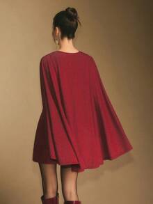 Poéselle Sparkly Red Cape Mini Dress For Women ,Glamorous Asymmetric Cocktail Party Outfit, Elegant Statement Sleeve Evening Wear,Women's Elegant Party Glitter Cape Mini Dress Batwing Sleeve Dress Burgundy Dress Cape Dress Sparkly Dress Red Wine Dress - Red - View 2