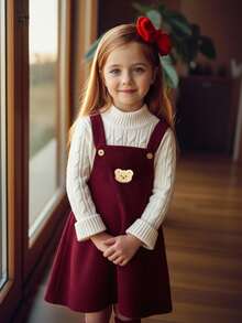 Emery Rose Kids Emery Rose Kids Burgundy Corduroy Pinafore Dress For Toddler Girls Sleeveless Round Neck Short Design With Cute Bear Detail Baby Girl Fall Winter Outfit - Burgundy - View 7