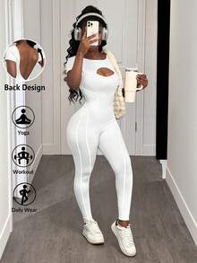 Slaydiva 女士塑身衣健身连体衣瑜伽跑步露背紧身衣 - 白色 - 查看 1