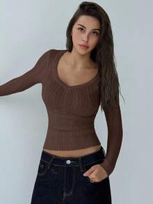 Aloruh 新款时尚深 V 领长袖修身复古麻花针织简约套头毛衣，秋冬百搭外套 - 棕色 - 查看 6