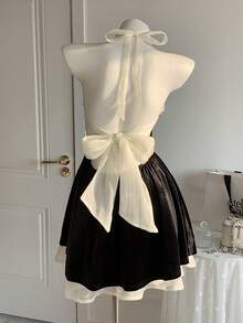 Comfortcana 女士撞色打结领优雅迷你连衣裙 - 黑色 - 查看 1