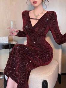 DAZY 高端奢华复古优雅长袖V领闪亮水钻紧身连衣裙，红色晚礼服，圣诞节、新年舞会礼服 - 紅色 - 查看 3