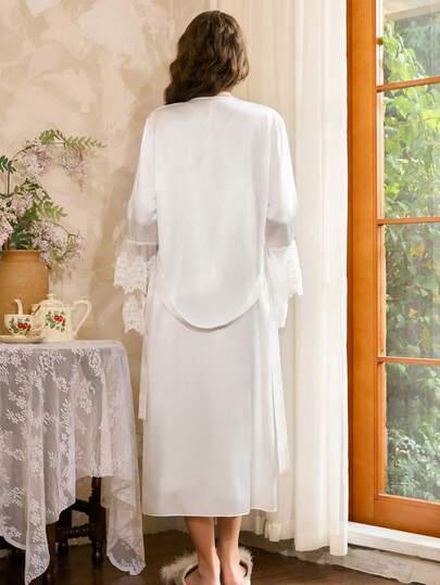 Côtesoire Set French Elegante Kanten Patchwork Nightgown Robe, Charming Sleepwear White, Wedding, Spaghetti Strap Night Gown Verleidelijke Pieces Doorschijnende Zijden Women, Fall Clothes view 2