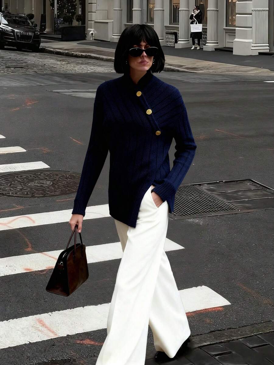 SHEIN Stylify Women's Elegant Design Navy Blue Knitted Pullover Sweater, Long Sleeve, Front Long Back Short, Suitable For Commuting, Autumn/Winter