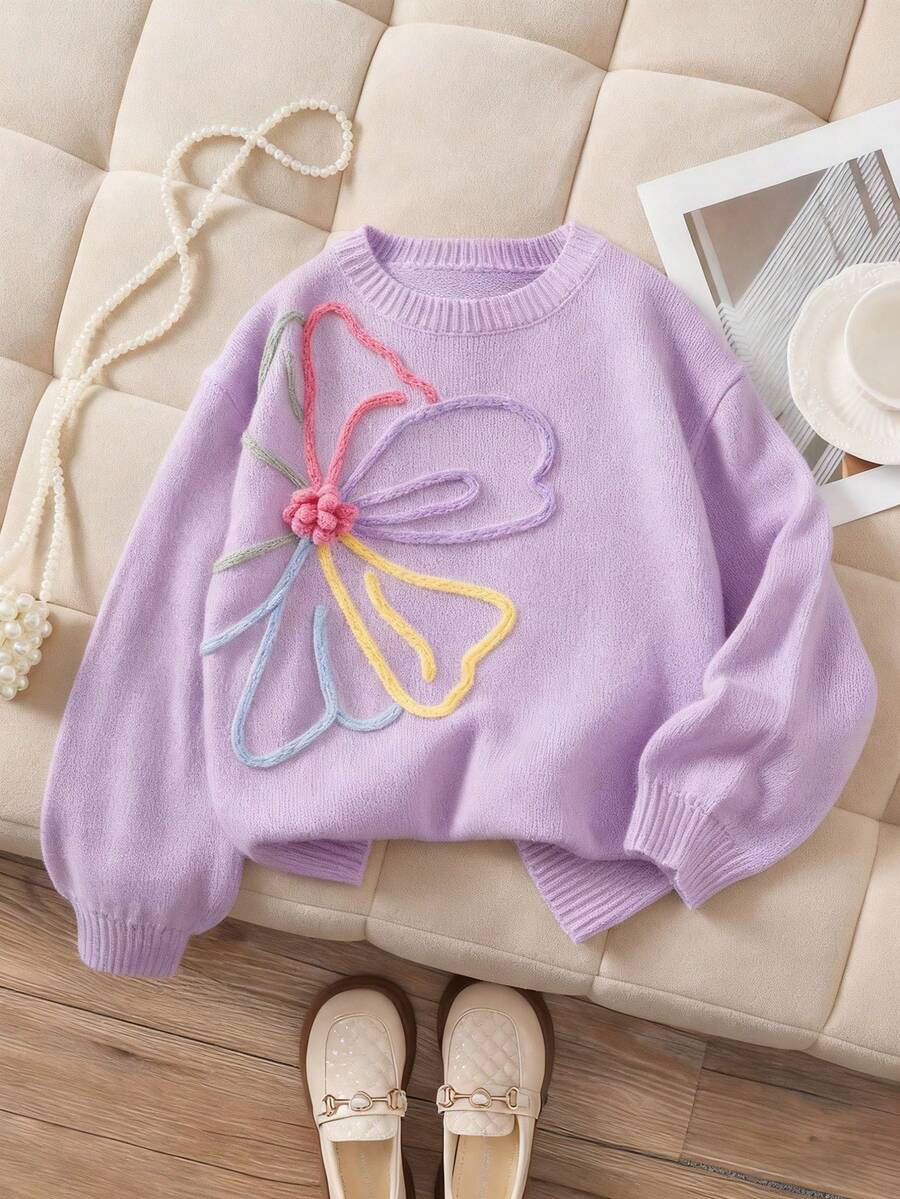 一件少女毛衣,甜美时尚风格,彩色3D立体花卉刺绣装饰,宽松圆领长袖,柔软舒适,百搭实用,无异味且不含甲醛,适合日常穿着,春秋季必备单品 - 紫色 - 查看 1