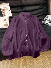 GlowEve CURVE Áo cánh trắng mỏng thường ngày cỡ lớn có nơ - Màu tím  Violet - Xem 2