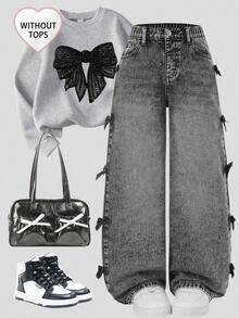 SHEIN Sparklyn Girls & Teens Y2K Streetwear Casual Distressed Asymmetrical Waist Soft Comfortable Light Wash Blue Jeans, Versatile All-Match Everyday Wear, Spring/Summer 2025 New Arrival Jeans With Bows Grey Jeans Bow Jeans Grey Grey Baggy Jeans Bows On Clothes