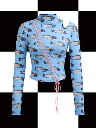 Y2Kool Vecteezy Women's Blue Millennium Fish School Print Asymmetric Hollow Out Contrast Tie-Up Sexy Fitted Y2K Long Sleeve Top Gyaru Fairycore Top Kawaii Top Cute Long Sleeve Tops Retro Graphic Tops Party Tops Mesh Long Sleeve Blue Long Sleeve Top Long Sleeve Swim Top Rash Guard Women Springs Women Birthday For Women Carnival
