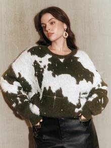 Anewsta Elegante Suéter de Gola Redonda Plus Size de Cashmere Macio e de Alta Qualidade com Enfeites de Strass, Verde, Plus Size