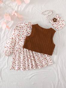 SHEIN Vintaside Kids 女婴牛仔连衣裙针织背心两件套，秋冬季 - 棕色 - 查看 2