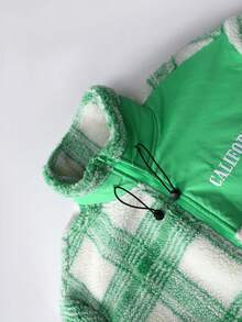 ROMWE MEN Prep 男女皆宜的格子拼接英文图案印花夹克，街头风，秋冬款 - 綠色 - 查看 4