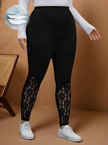 Rosumi Plus Size Women's Spring Contrast Black Lace Leggings,Summer - Black - View 2