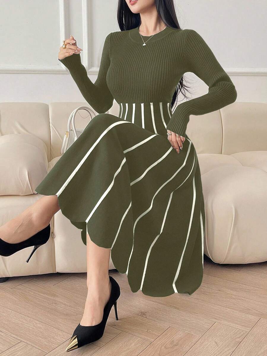 DAZY 女士优雅撞色条纹针织毛衣连衣裙,秋冬款 - 軍綠色 - 查看 1