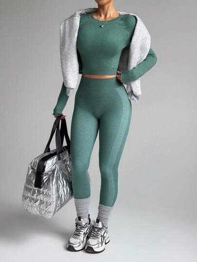 Seamluxe SHEIN Sport Women's Solid Color Raglan Sleeve Top And Leggings Ski Outfit Long Sleeve Gym Set