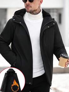 Manfinity CasualCool Manteau matelassé à manches longues décontracté pour hommes, doublure thermique chaude, multi-poches, manteau matelassé à capuche zippée de couleur unie, vêtement de rue pour usage quotidien