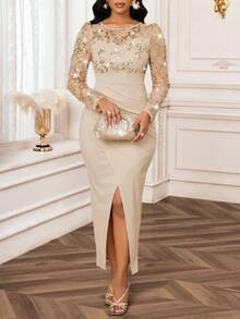 Fleurora Đầm bodycon xẻ tà đính sequin đan tương phản màu kaki cho mùa xuân và mùa thu và mùa đông sang trọng cho tiệc cưới ngày lễ tình nhân tiệc cocktail hòa nhạc - Màu Khaki - Xem 5