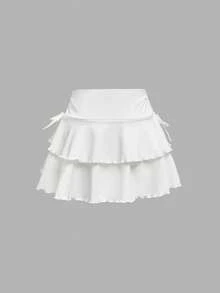 SHEIN Girlism Tween Girl Streetwear Style Knitted Solid Color Drawstring Waist Ruched Hem Skirt