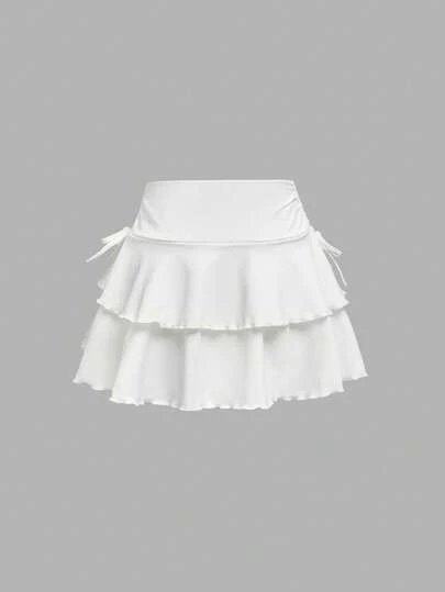 SHEIN Girlism Tween Girl Streetwear Style Knitted Solid Color Drawstring Waist Ruched Hem Skirt