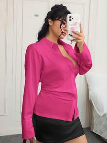 SHEIN EZwear Áo sơ mi tay dài cạp chun màu trơn cỡ lớn, áo cánh vừa vặn, áo sơ mi hồng, áo sơ mi nữ có cổ, áo sơ mi nữ cài nút - Màu Hồng Tươi - Xem 4