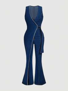 SHEIN Clasi Fashionable Casual Elegant Diamond Strap V-Neck Denim Jumpsuit With Wide Leg - Medium Wash - View 5
