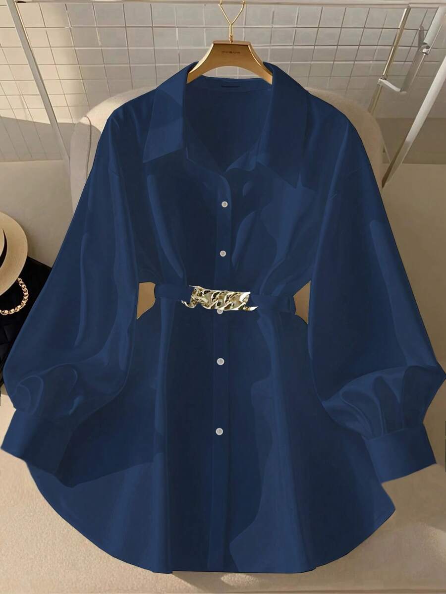 GlowEve 女式纯色前扣金属链装饰长袖衬衫 - 藏蓝色 - 查看 1